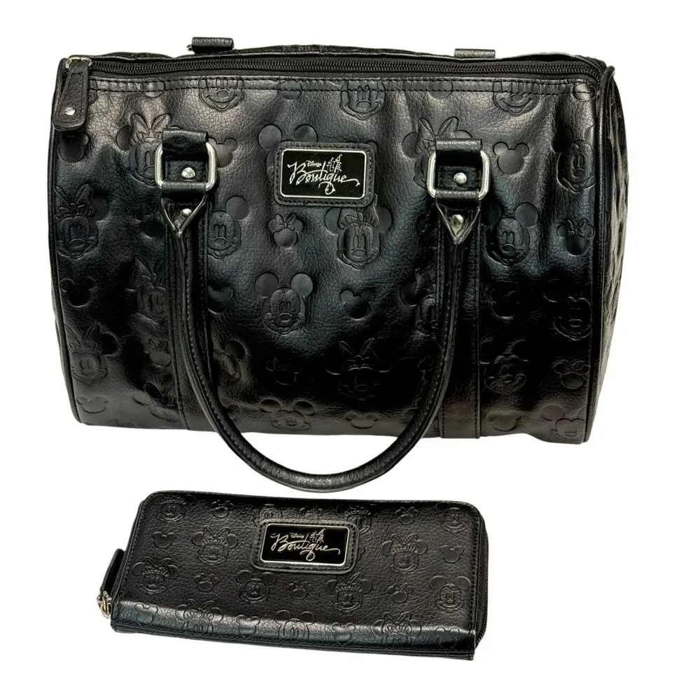 Disney Boutique Mickey & Minnie Mouse Black Faux Leather Barrel Satchel & Wallet